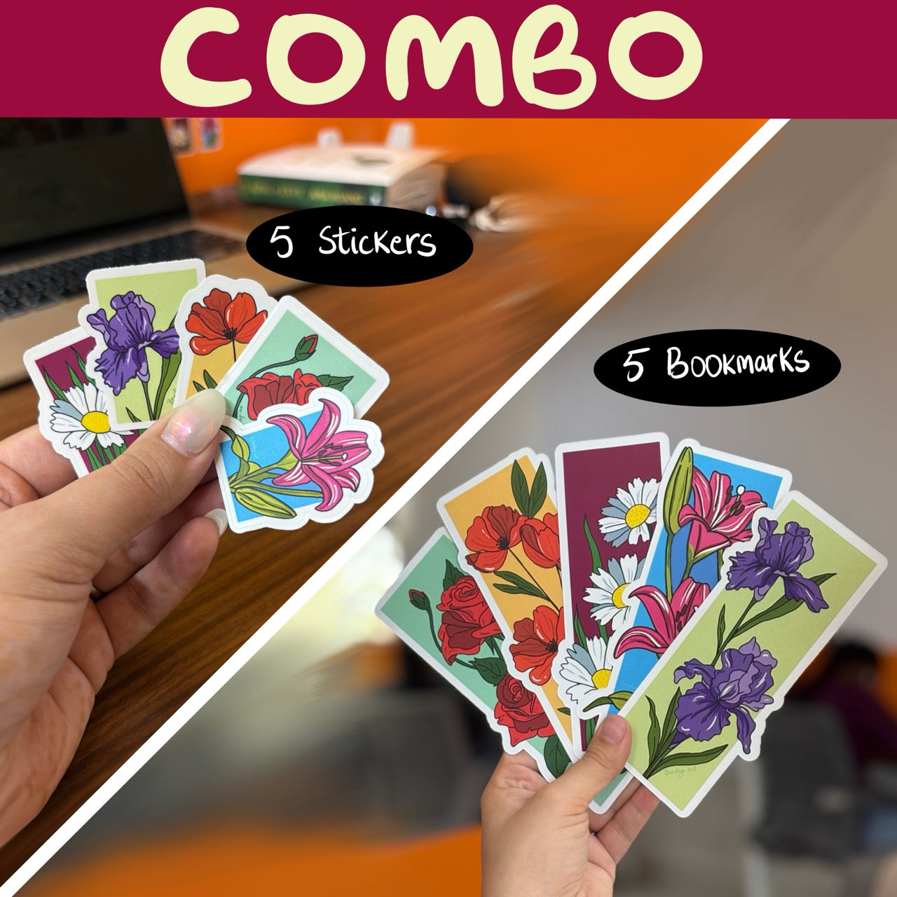 Flower Bookmark and Sticker combo